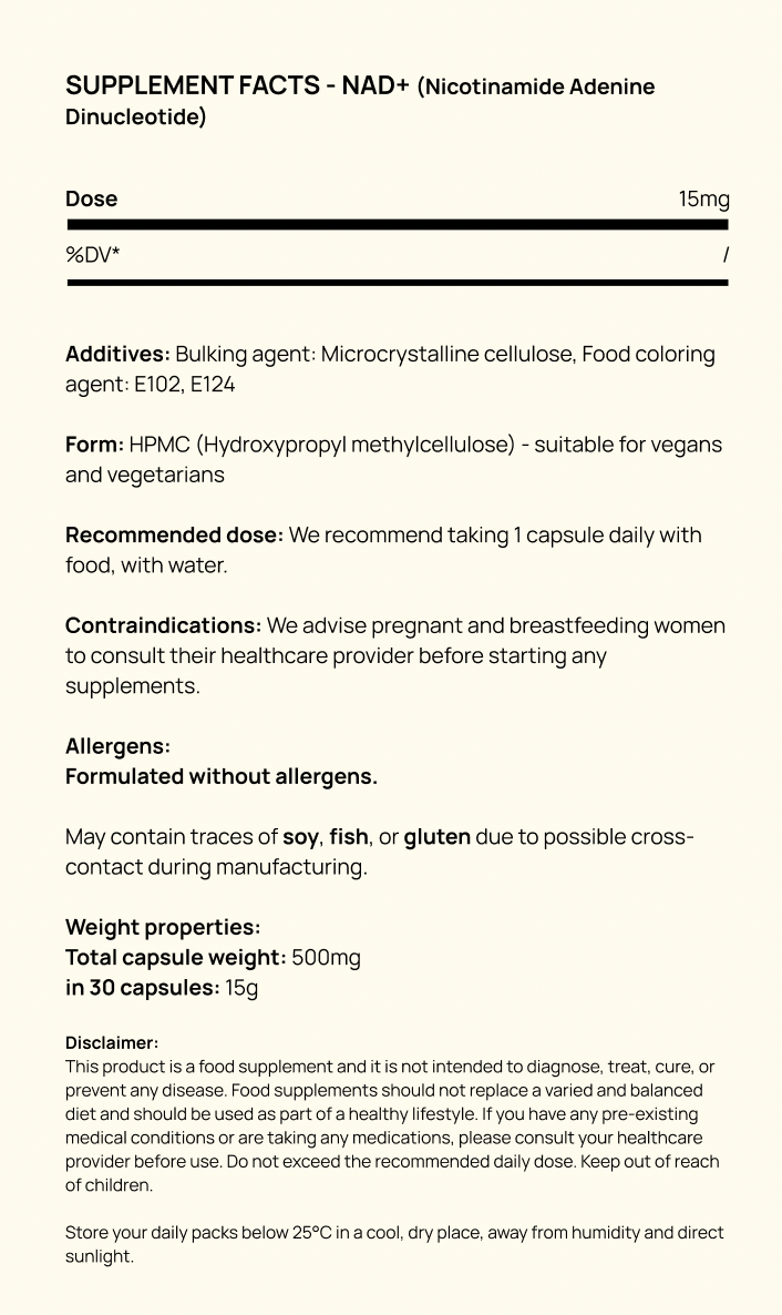 Supplement facts for NAD+
