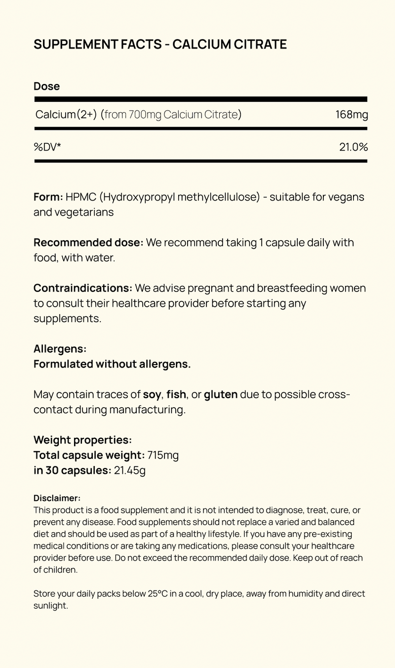 Supplement facts for Calcium Citrate 