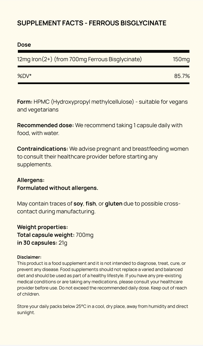 Supplement facts for Ferrous Bisglycinate