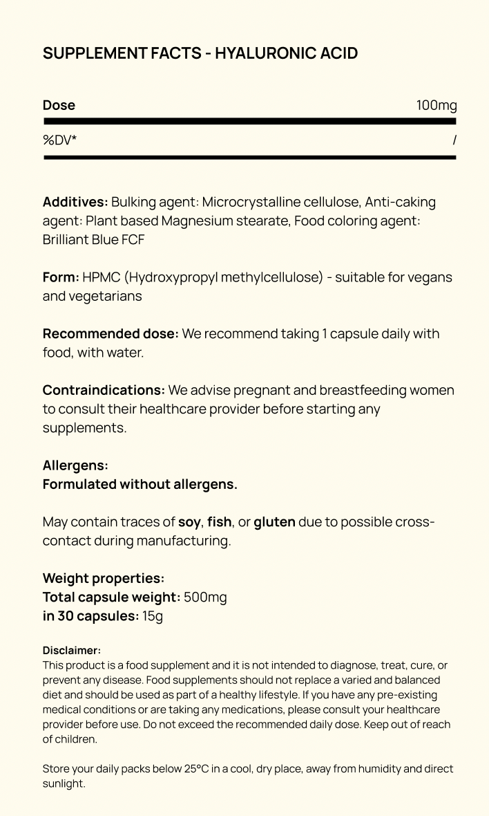 Supplement facts for Hyaluronic Acid 