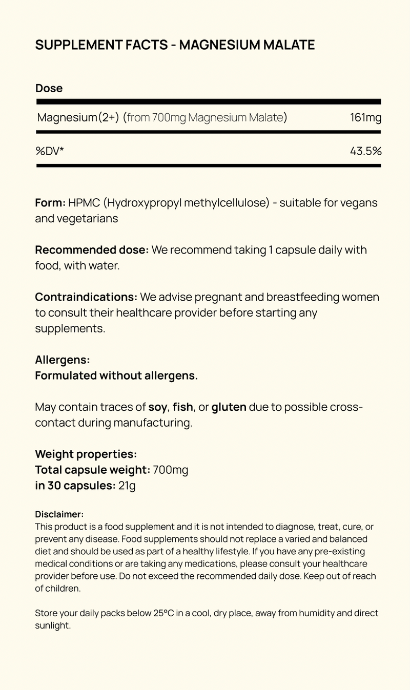 Supplement facts for Magnesium Malate 