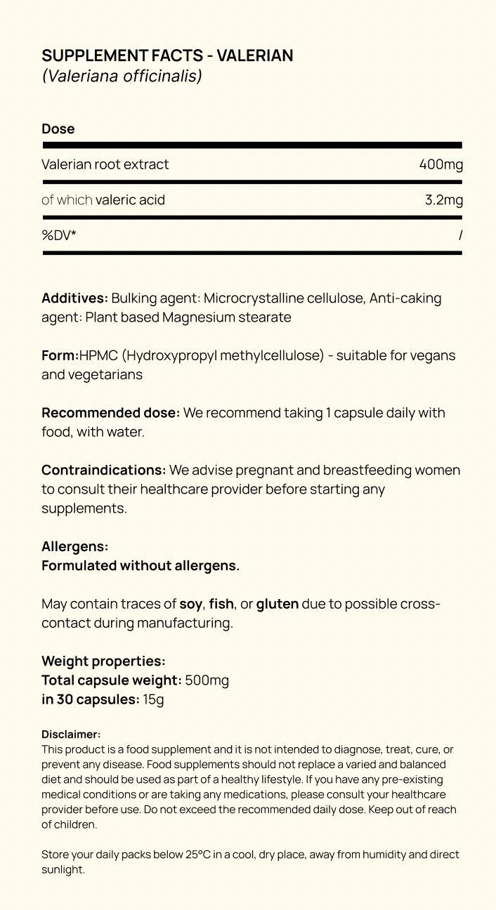 Supplement facts for Valerian root (Valeriana officinalis)(x2)